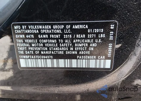 2013 Volkswagen Passat 2.5L Se z USA, uszkodzony, nr VIN 1VWBP7A37DC094370